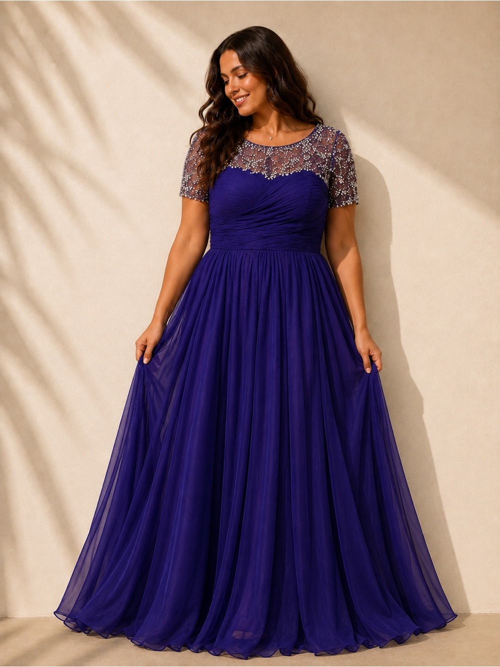 Beaded Illusion Neckline Maxi Dress in Royal Blue